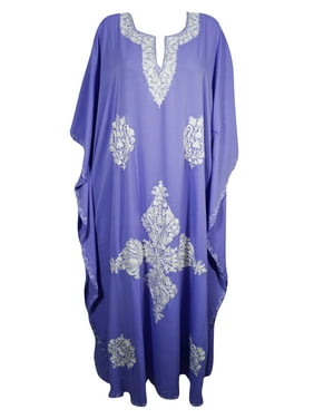 Mogul Womens Designer Kimono Caftan Blue Beautiful Floral Hand Embroidered Stylish Resort Wear Evening Dress Cover Up Lounge Wear 3XL
