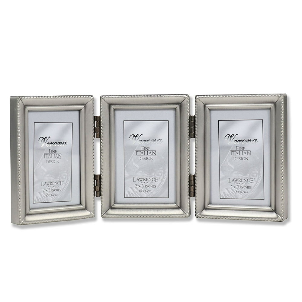 Antique Pewter Hinged Triple 2x3 Picture Frame Beaded Edge Design