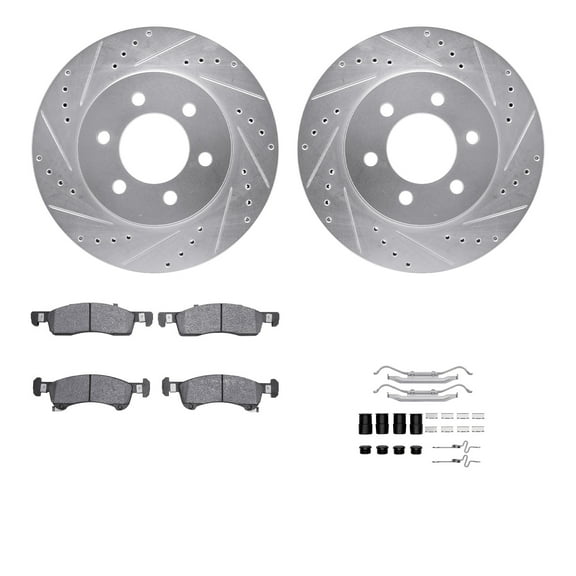 Dynamic Friction Company Front Brake Rotors-Drilled and Slotted-Silver with 5000 Advanced Brake Pads includes Hardware 7512-54148