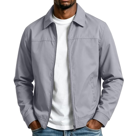 Men's Zip Up Casual Jacket Lapel Collar Fully Lined Long Sleeve Coat with Pockets Spring Fall Outfits Daily Outerwear