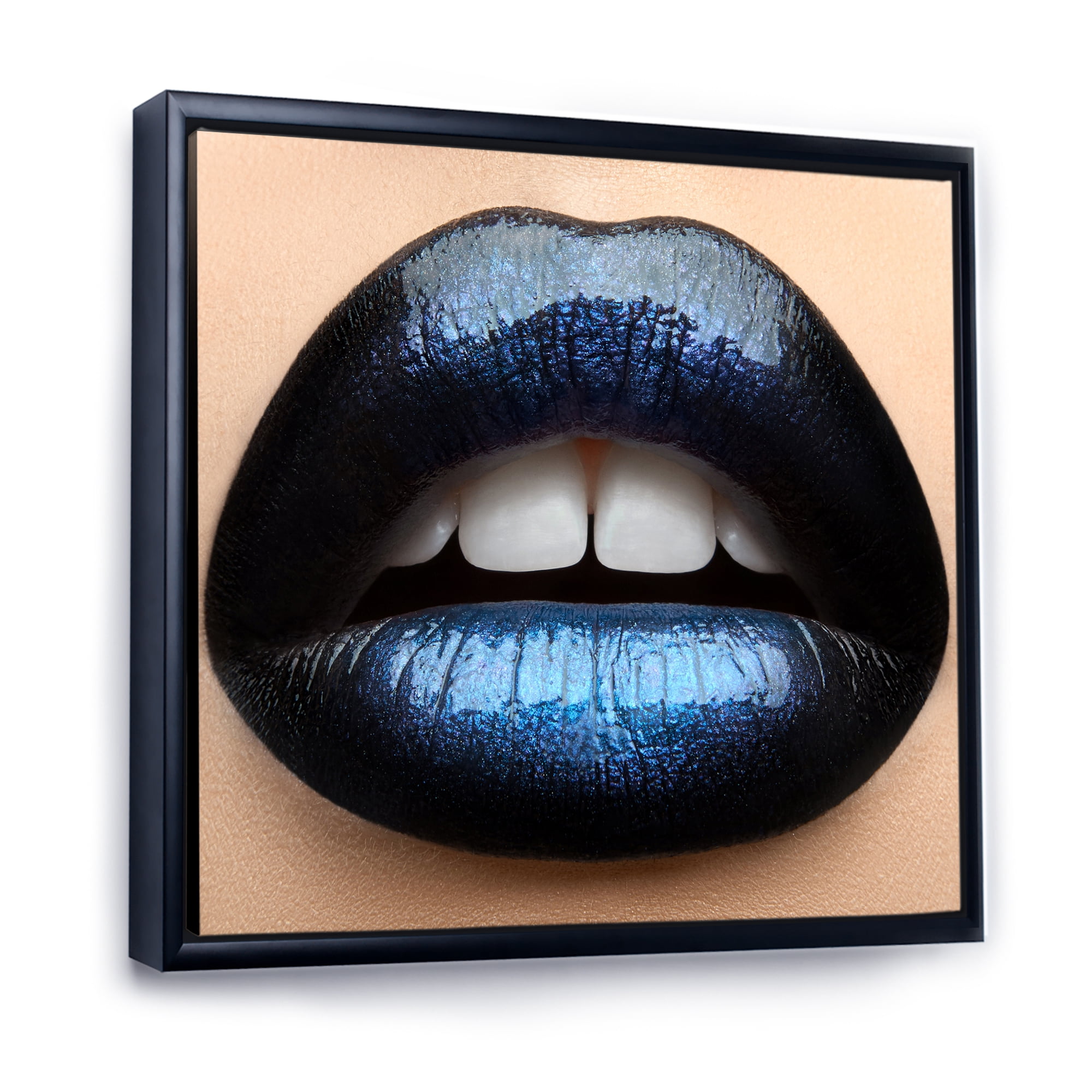 Designart 'Girl Lips With Black and Blue Lipstick' Modern Framed Canvas Wall Art Print