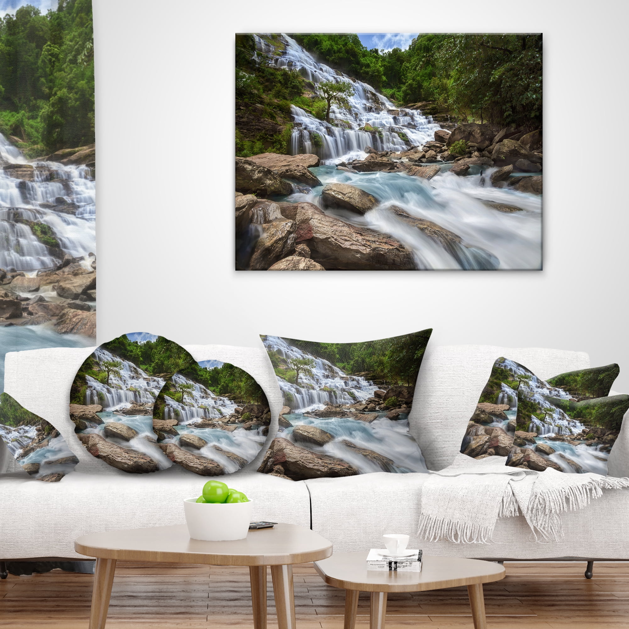 Designart White Mae Ya Waterfall Landscape - Photography Throw Pillow - 12x20