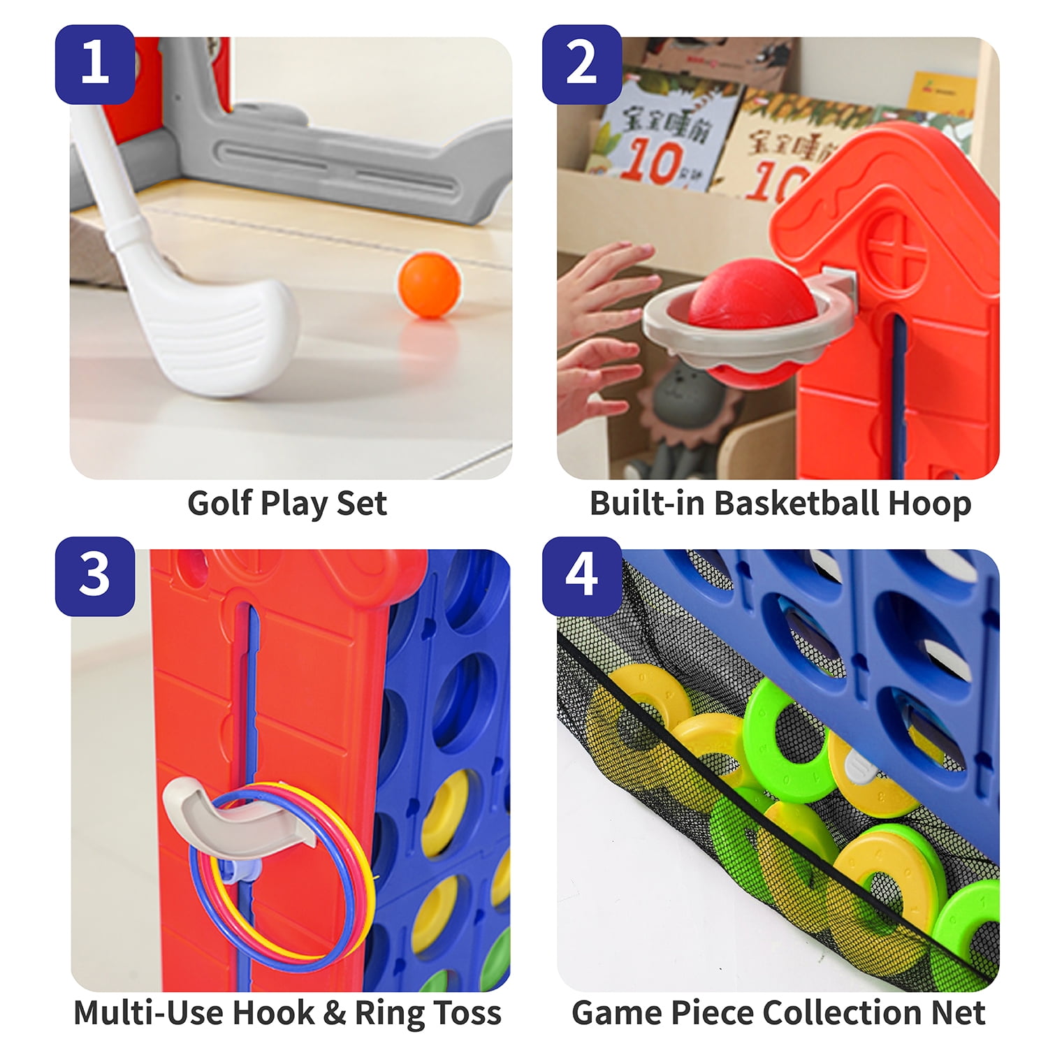 UNICOO Giant 4 in A Row Game with Carry Bag, Basketball Hoop, Ring Toss Game, 4-to-Score Game | Large Outdoor Yard Game, Parties & Gatherings Games