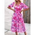 thumbnail image 5 of Women Sundress Summer Floral Short Sleeve Wrap V Neck A-Line Midi Dress Rose Red S, 5 of 9