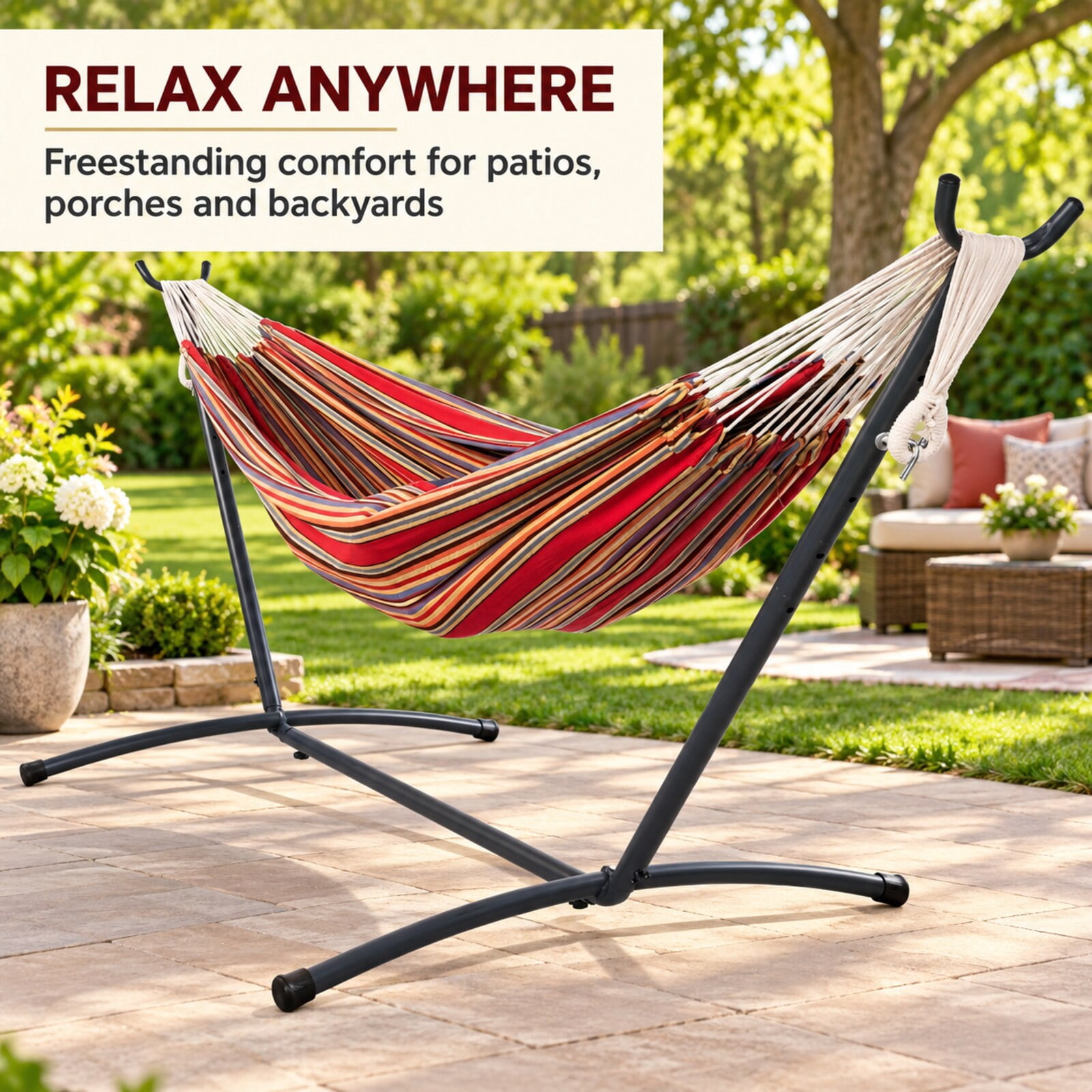 Inolait Portable Double Hammock with Stand, 2-Person Outdoor Hammock with Carrying Bag Stripe Pattern