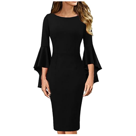 qolati Womens 3/4 Bell Sleeve Church Dresses Vintage Crewneck Cocktail Party Midi Wrap Dress Elegant Bodycon Business Work Pencils Dress