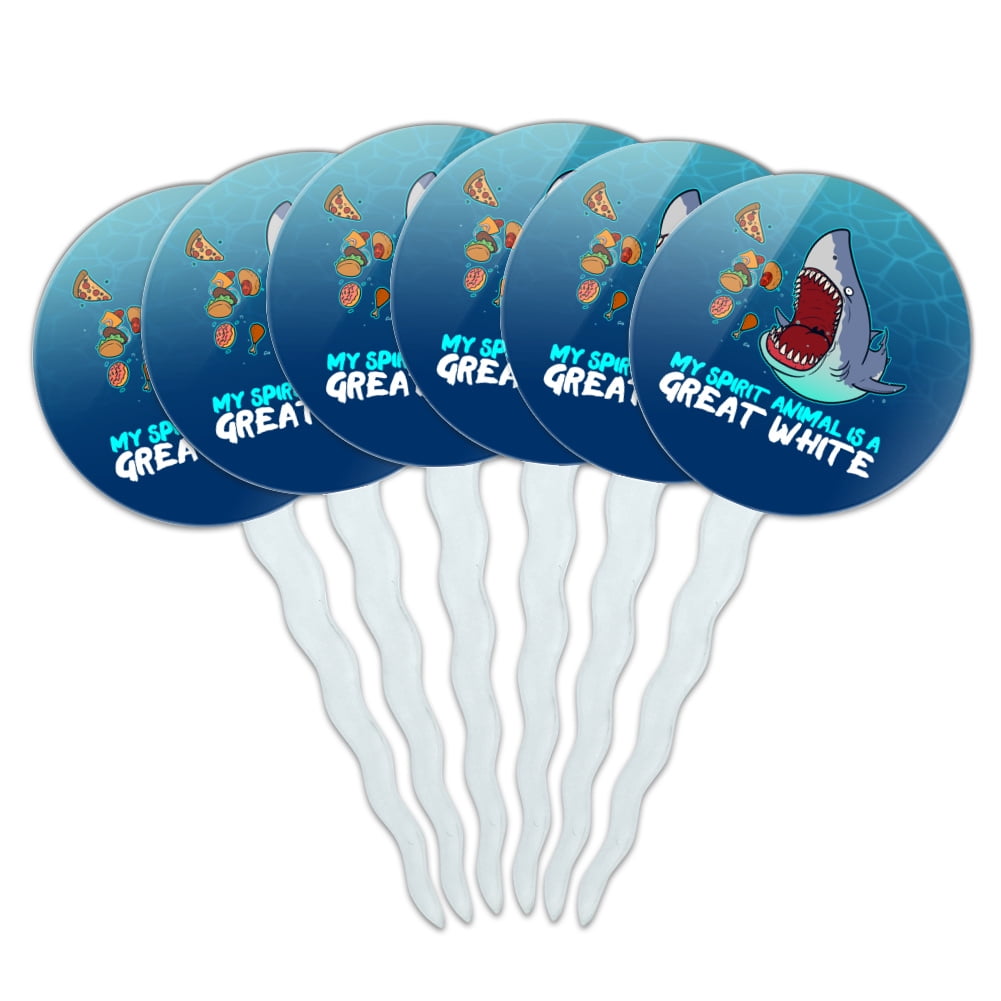 My Spirit Animal is a Great White Shark Who'll Eat Anything Funny Cupcake Picks Toppers Decoration Set of 6