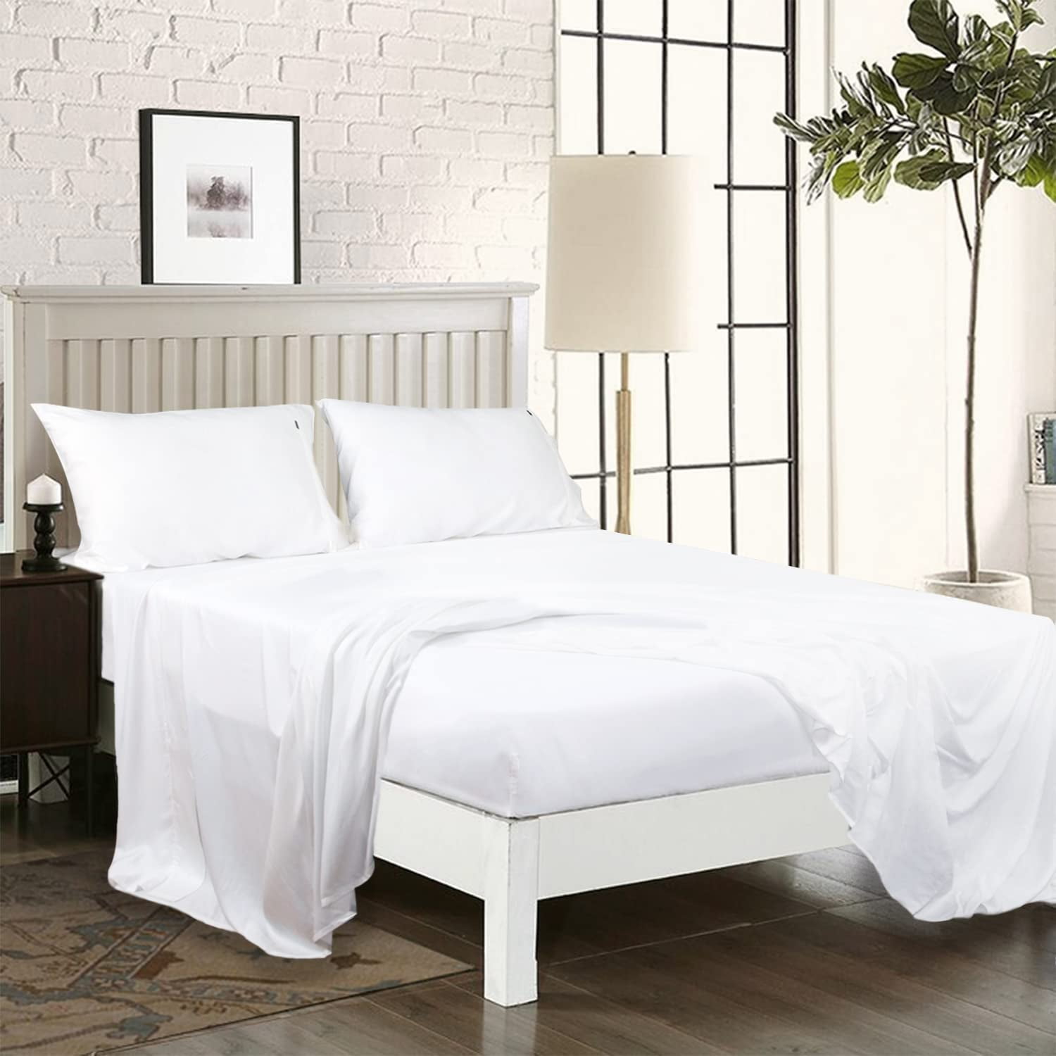 4 Piece Bamboo Bedding Set Queen Size, Microfiber Cooling Sheet Set White Color Deep Pocket Sheets