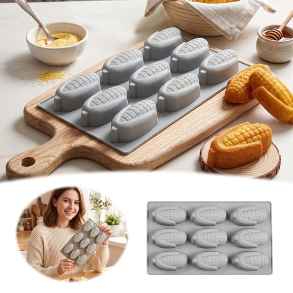 Silicone Corn Shaped Mold for Baking, 9-Cavity | Easy to Clean, 11.54 x 6.89 in Size, Mini Cornbread Muffin, Flexible & Non-Stick, Reusable Silicone
