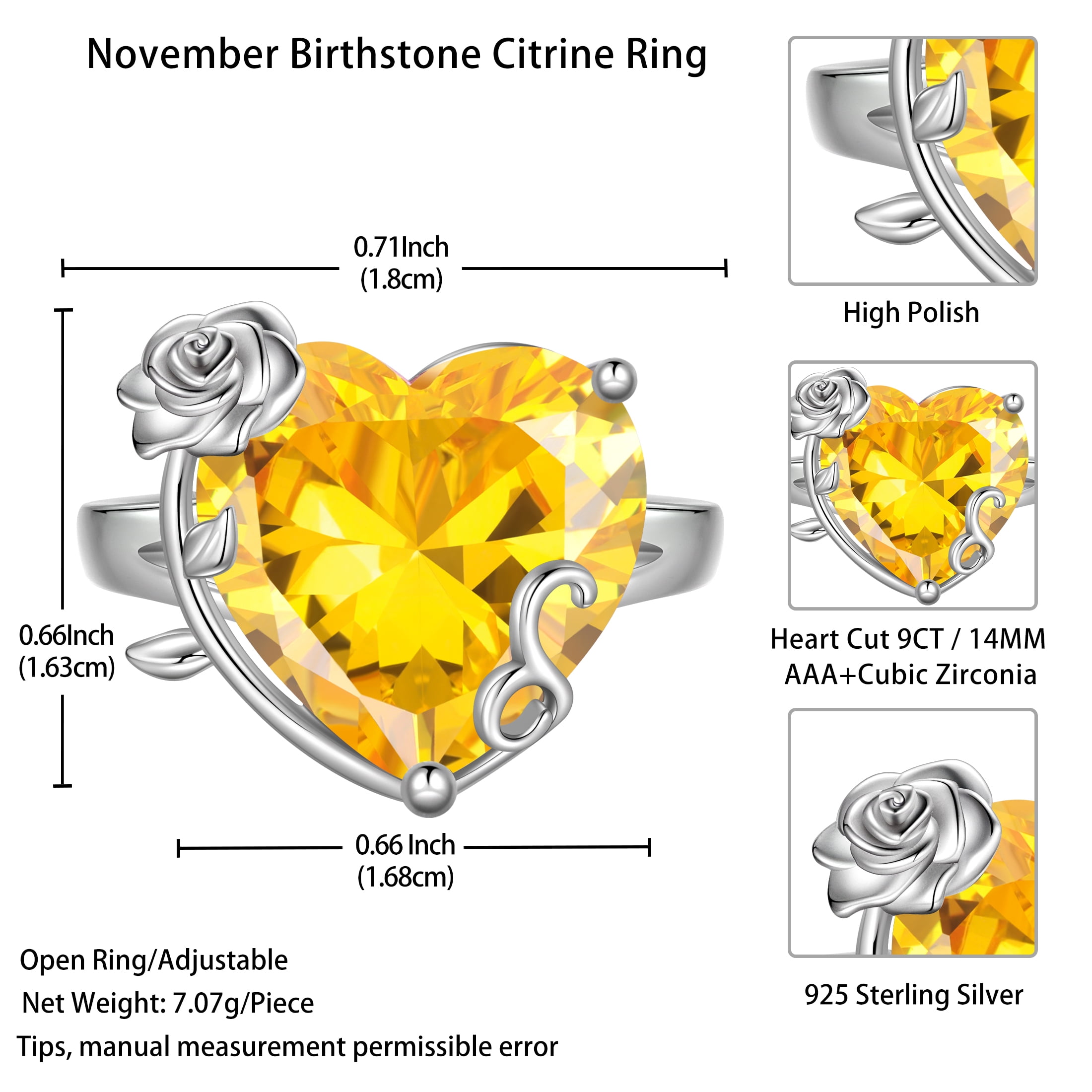 Juwaliy 9Ct Women Heart Ring 925 Sterling Silver Rose Flower November Birthstone Citrine Solitaire Ring Jewelry Christmas Thanksgiving Gift for Mother