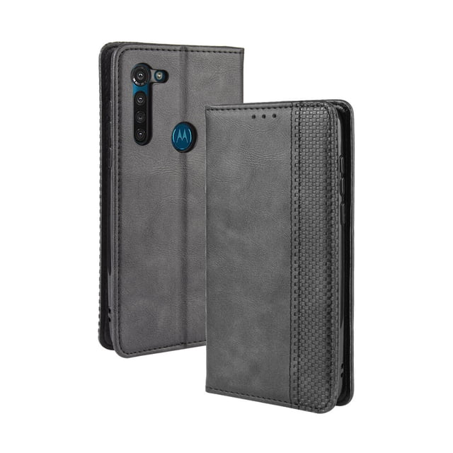 Compatible with Motorola Moto G8 Case Magnetic Closure Vintage Pattern PU Leather Wallet Cover with Card Slots-Black