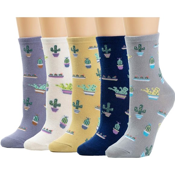 5 Paires de Chaussettes pour Femmes Chaussettes Décontractées Amusantes Mignonnes Cactus Cadeaux Drôles pour Femmes Enfants Cadeau Filles Chaussettes en Coton WCS1-Cactus