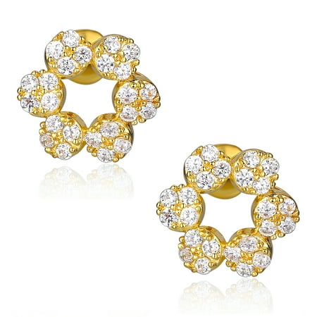Gold Plated Flower Necklace Earrings Flower W. Clear Round Cubic Zirconia Stud Earrings for Women Girls White Gold Plated ()