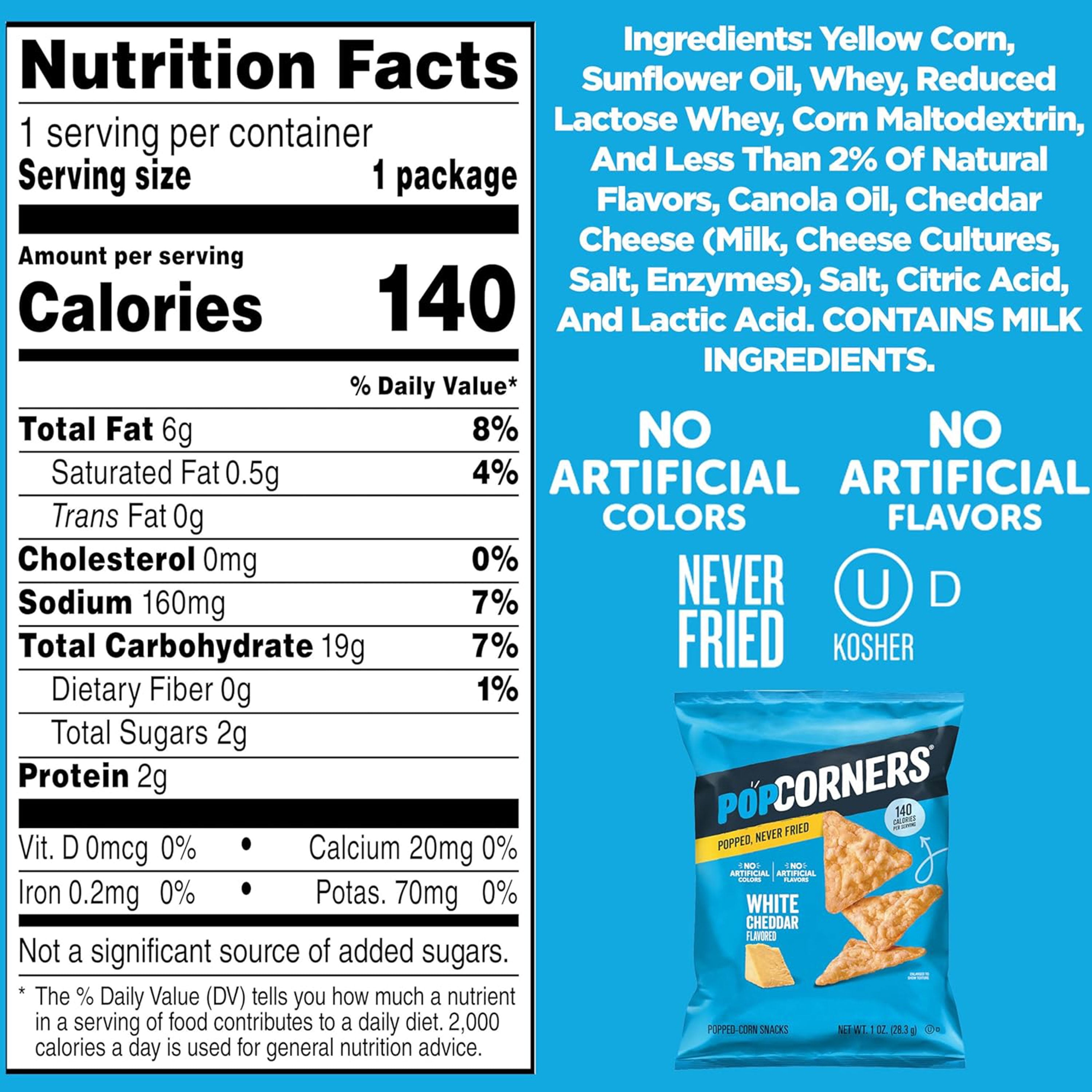 PopCorners Popped Corn Snacks, White Cheddar, 1 Ounce (pack of 20)