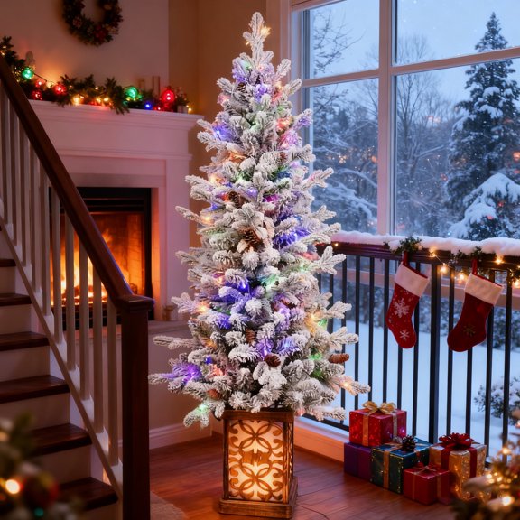 Makeatree 4ft Pre-Lit Potted Flocked Arctic Fir Pencil Artifical Christmas Tree Slim Twinkle Christmas Tree with Multicolor Lights,  for Porch