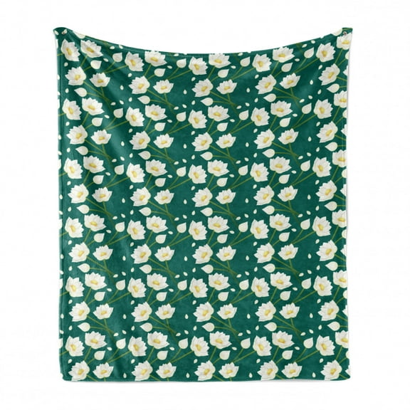 Floral Soft Flannel Fleece Throw Blanket, White Lotus Flowers on a Plain Backdrop Petals Buds Stem Blossoming, Cozy Plush for Indoor and Outdoor Use, 50" x 60", Forest Green Multicolor, by Ambesonne