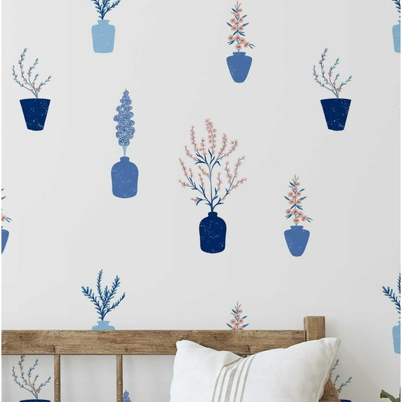 S4Sassy Floral Pot Wallpaper - White Wall Covering, 25" x 120" Self-Adhesive Vinyl Walls Paper, Wallwrap, Easy DIY Wall Covering For Boho aesthetic wall decor, Living Room, Living Spaces