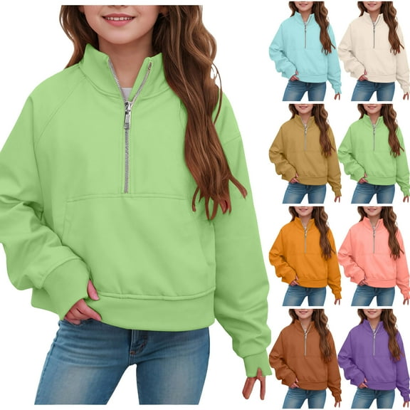 idosla Girls Half Zip up Sweatshirt Trendy Winter Cropped Long Sleeve Shirt Pullover Youth Preppy Tween Girl Cute Clothes (Khaki, 5-6 Years)
