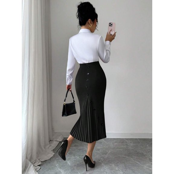 Black High-Waist Midi Bodycon Skirt With Pleated Hem And Button Details