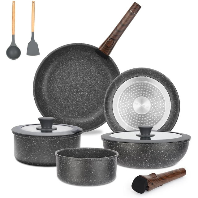 16PCS Pots and Pans with Removable Handles, Customized Handle Adjustable, Stackable RV Cookware with Deluxe Large Size, Dishwasher & Oven Safe, Induction Cookware Set Non Stick, Granite Dark Gray