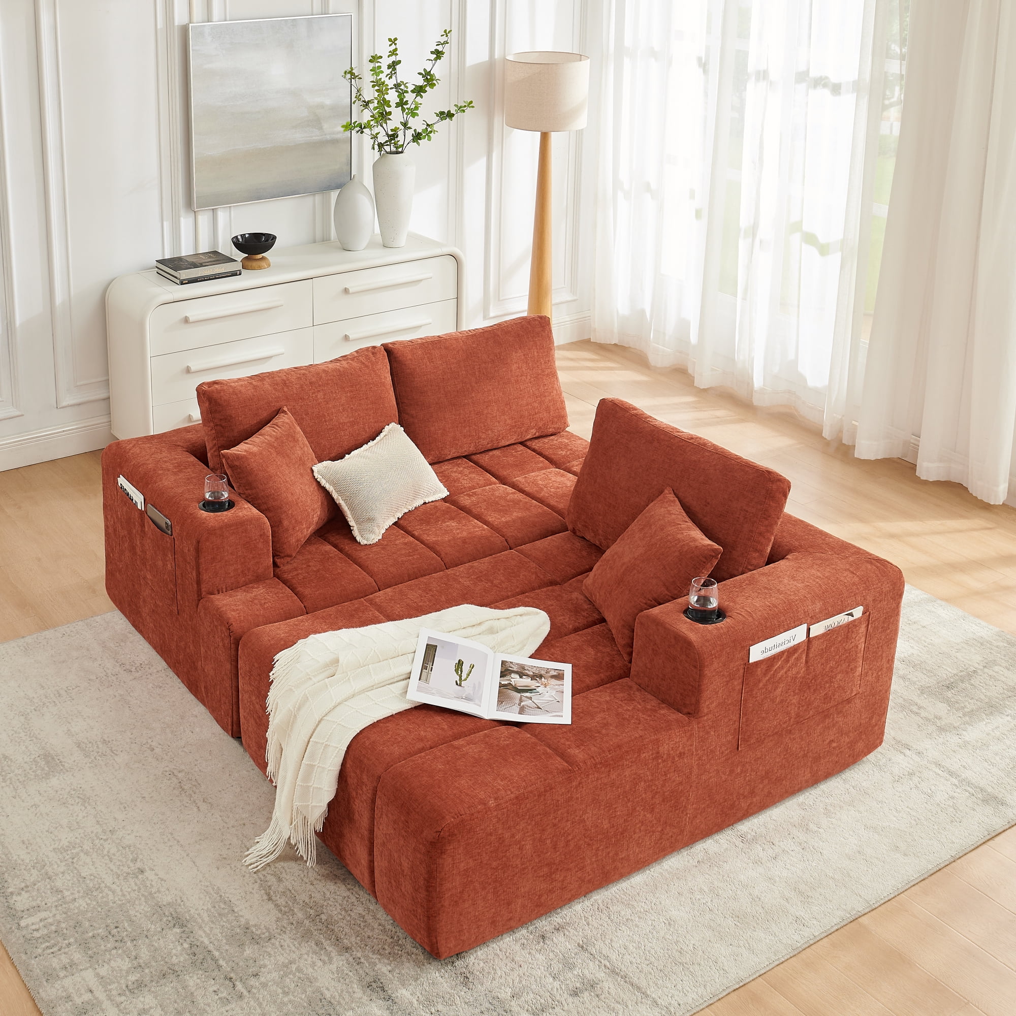 Leumius 108" L-Shaped Sectional Sofa,Chenille Boneless Couch, Modern 3-Seat Upholstered Cloud Couch Sectional with Deep Seat and Cup Holders for Living Room,No Assembly Required,Orange