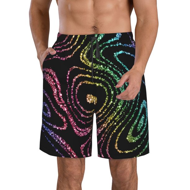 Balery Rainbow Glitter Traje de Baño Estilo Hawaiano para Hombre, Shorts de Secado Rápido con Bolsillos-Small