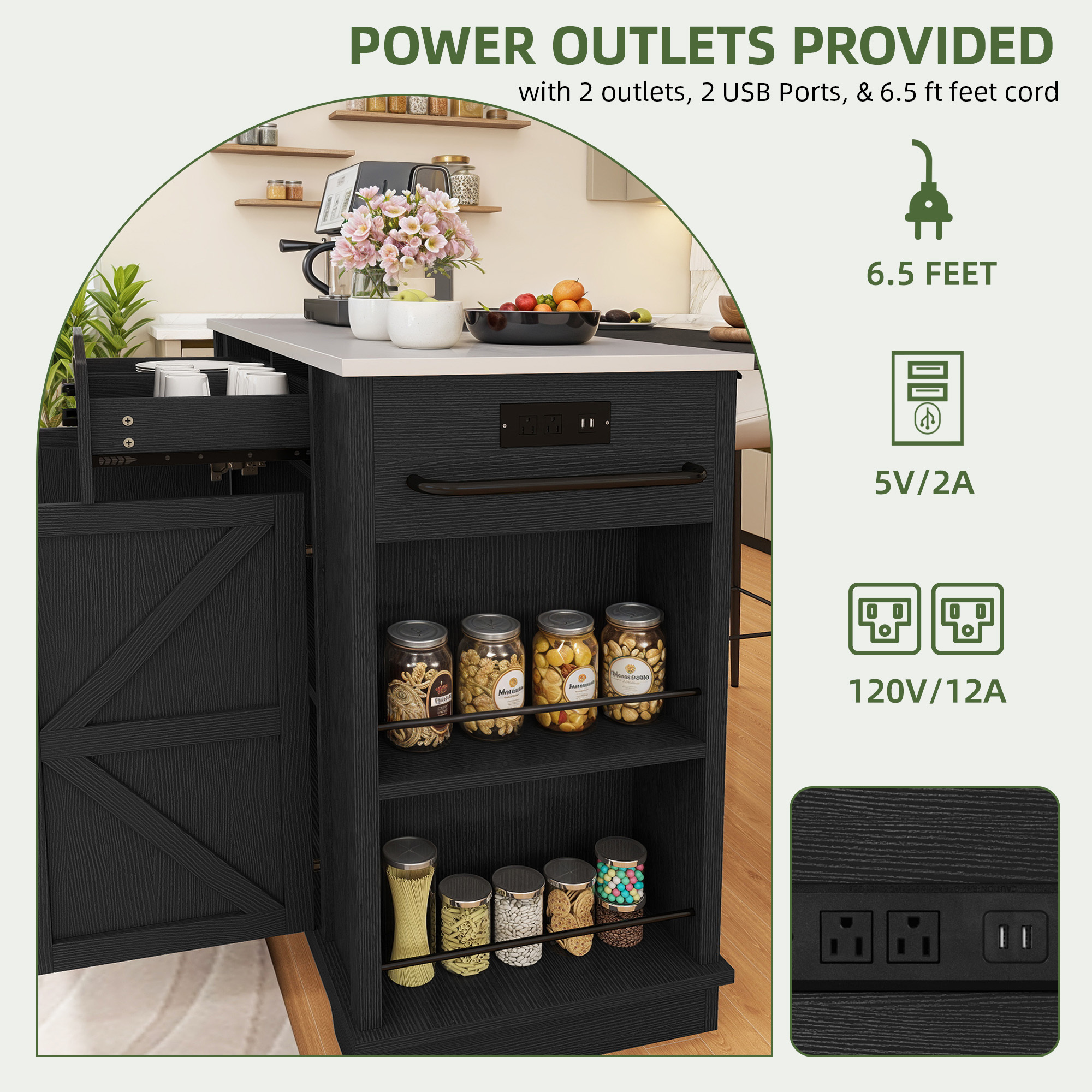 Uforic Kitchen Island with Drop Leaf & Storage, Kitchen Island Cart with Power Outlets, Black