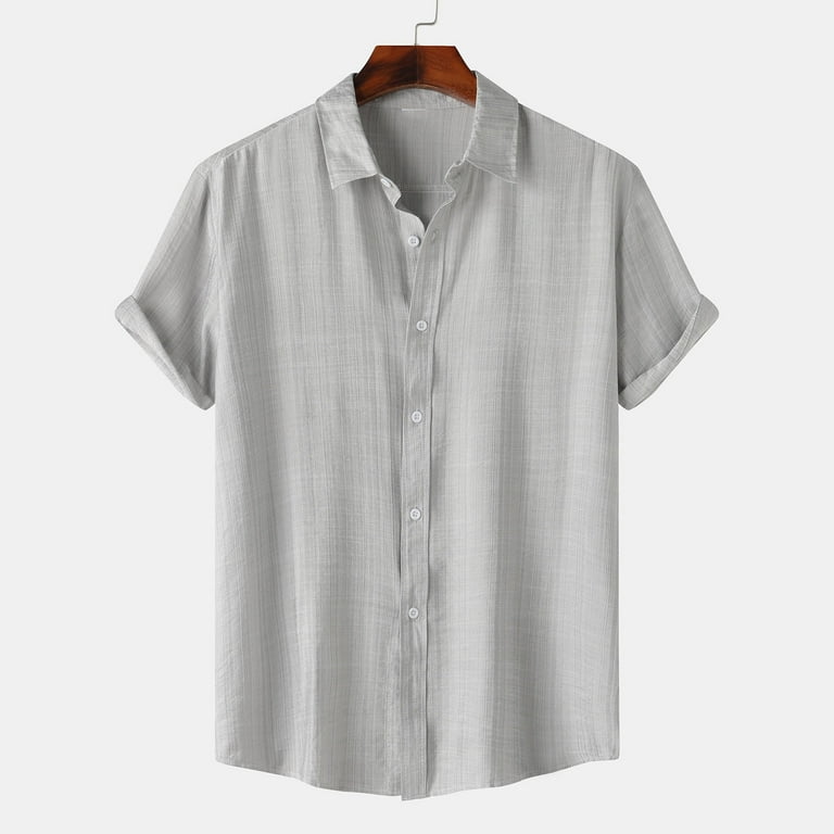 Xmmswdla Men's Cotton Linen Short Sleeve Shirts Lightweight Casual Button Down Shirts Summer Beach Spread Collar Tops Gray Summer Shirts for Men, Size
