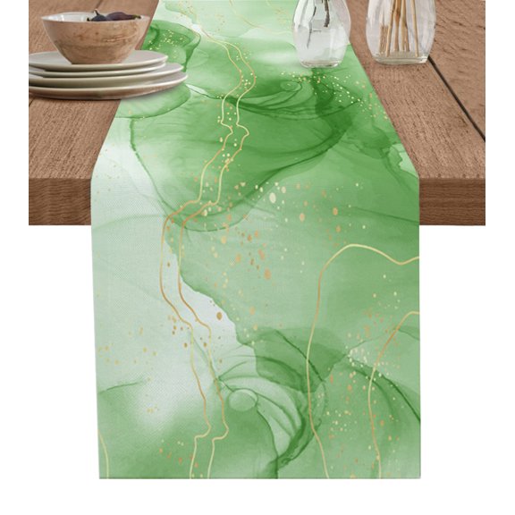 Hokiten Table Runners 36 Inches Long Dress Scarves, Green Marble Farmhouse Kitchen/Dining Table Runner, Short Coffee Tablerunners, Modern Abstract Art Yellow Lines Ink Painting 13x36 Inch