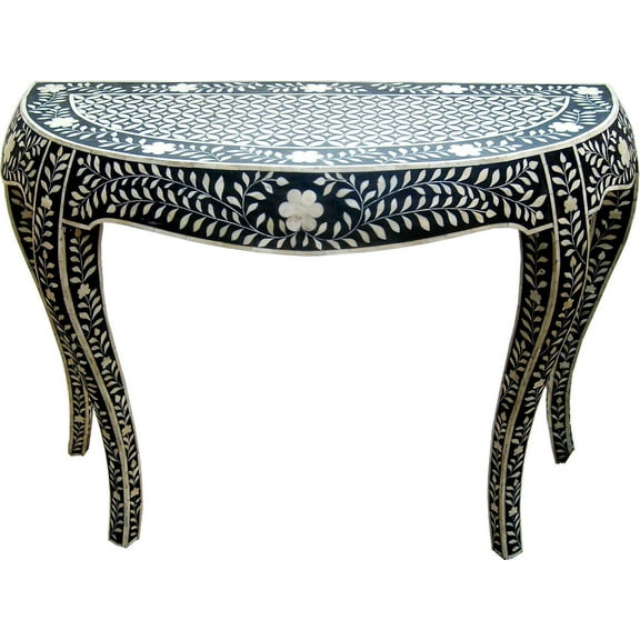 French Bone Inlay Console Black, Bone Inlay Desk, Bone inlay furniture, bone inlay hallway console black, bone half moon console