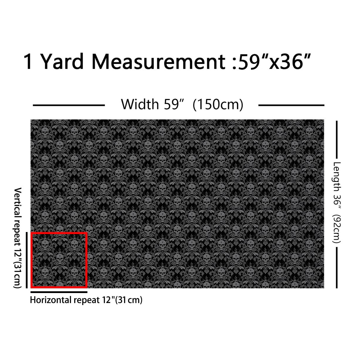Manfei Gothic Skull Fabric by the Yard (1 Yard), Happy Halloween Theme Decorative Fabric by the Yard, Black Gray DIY Fabric