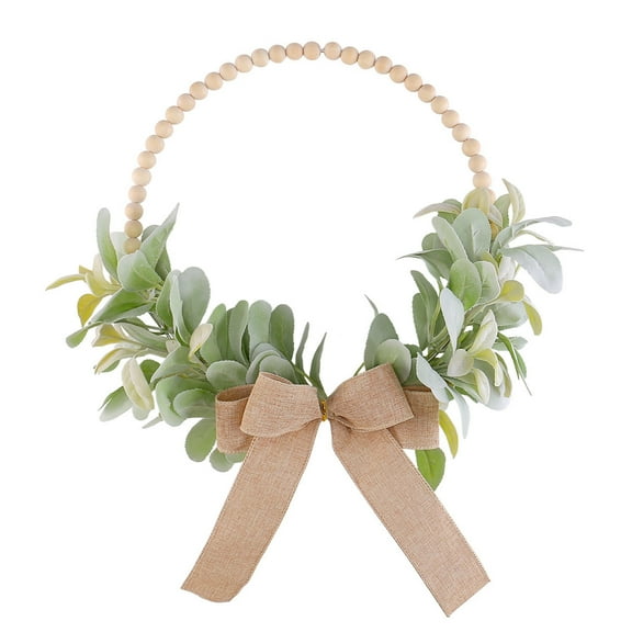 Wood Bead Artificial Flocked Lambs Ear Eucalyptus Leaf Front Door Wreath 12inch Mini Spring Summer Winter Porch Farmhouse Window Bohemia Home Wall Decorations Golden Bow Tie