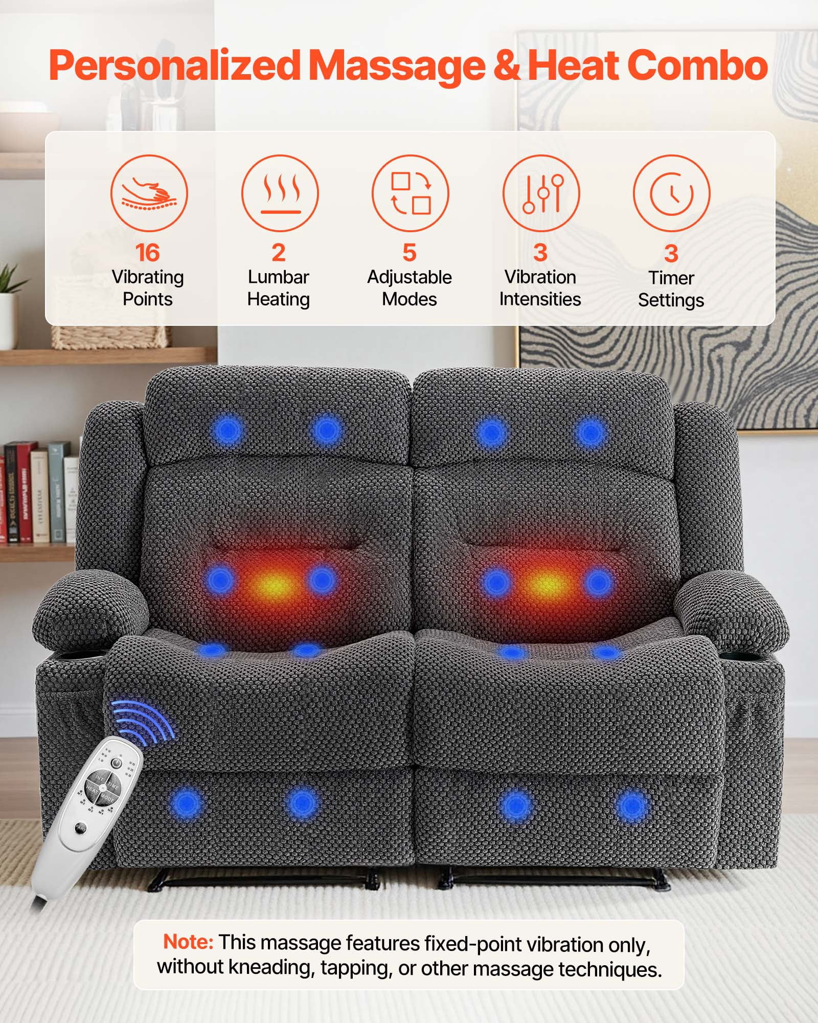VEVOR Loveseat Recliner Sofa,Manual Reclining Couch with Heating and Massage, Soft Corduroy Recliner Sofa with USB Ports, Cup Holders and Side Storage Bags, Dual Loveseat Chair for Living Room, Grey
