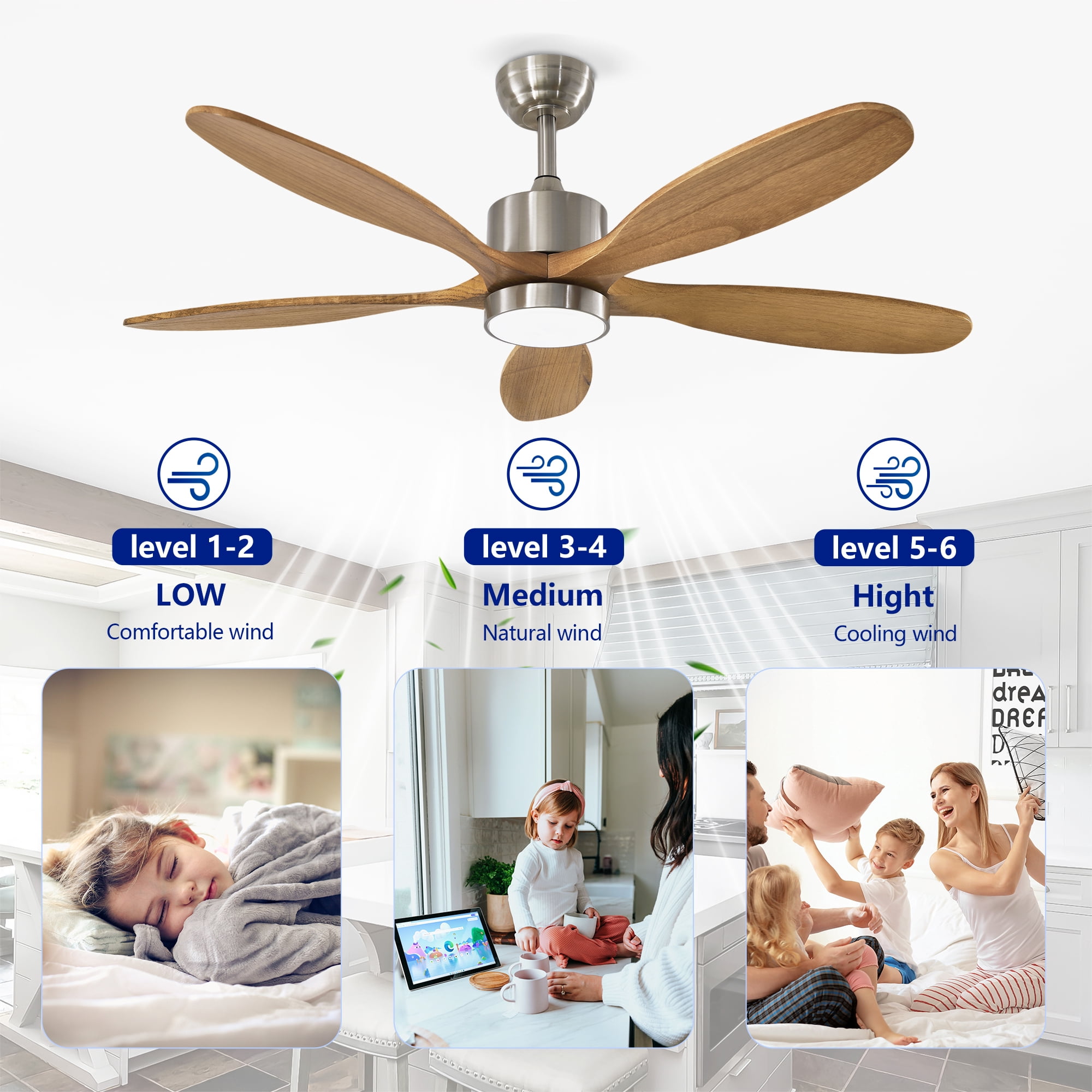 Leumius 52" Ceiling Fan with Light, Quiet DC Motor Ceiling Fans 6 Speed Levels,Reversible Ceiling Fan for Patio Living Room Bedroom Silver