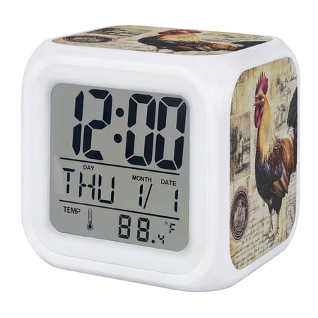 Farmhouse Rooster Digital Alarm Clock for Bedrooms, Smart LED Alarm Clock with 7 Color Changing Night Light, Chicken Vintage Newspaper Stamp Silent Wake Up Clocks for Sleep Study Cooking 3.2x3.2