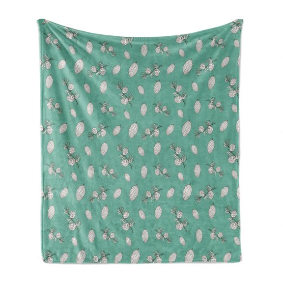 Pine Cone Soft Flannel Fleece Blanket, Forest Spruce Tree Fir Conifers on Pastel Retro Striped Backdrop Hand Drawn, Cozy Plush for Indoor and Outdoor Use, 50" x 60", White Sea Green, by Ambesonne
