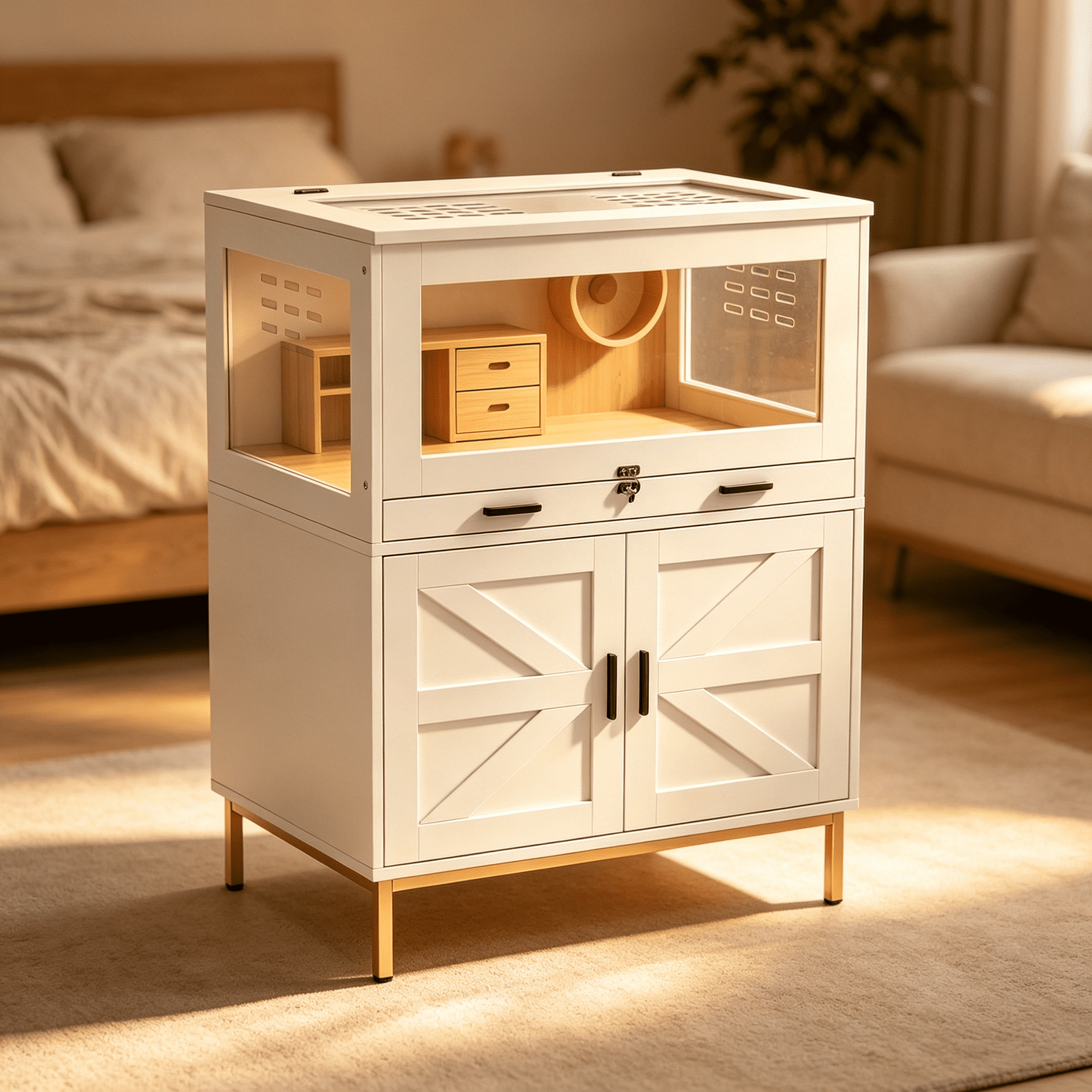 White and Gold Small Animal Habitat with Removable Tray Flip Top and Storage Cabinet for Hamsters Hedgehogs and Bunnies