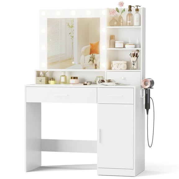 JIOABL Dressing Table with Mirror and Light, Adjustable Brightness Dressing Table with Drawers and Storage Shelves, White