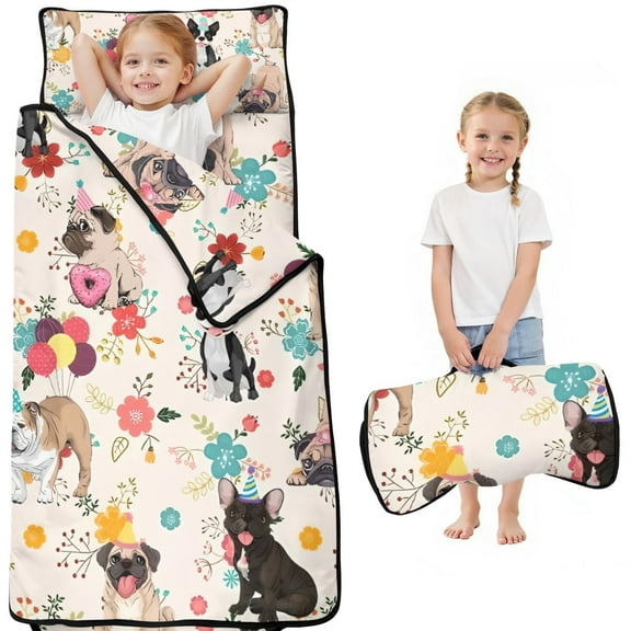 Dogs with Party Hats and Flowers Toddler Nap Mats for Kids Preschool,Sleeping Mat Bag or Kids,Toddler Sleeping Bag,Toddler Nap Mat or Daycare