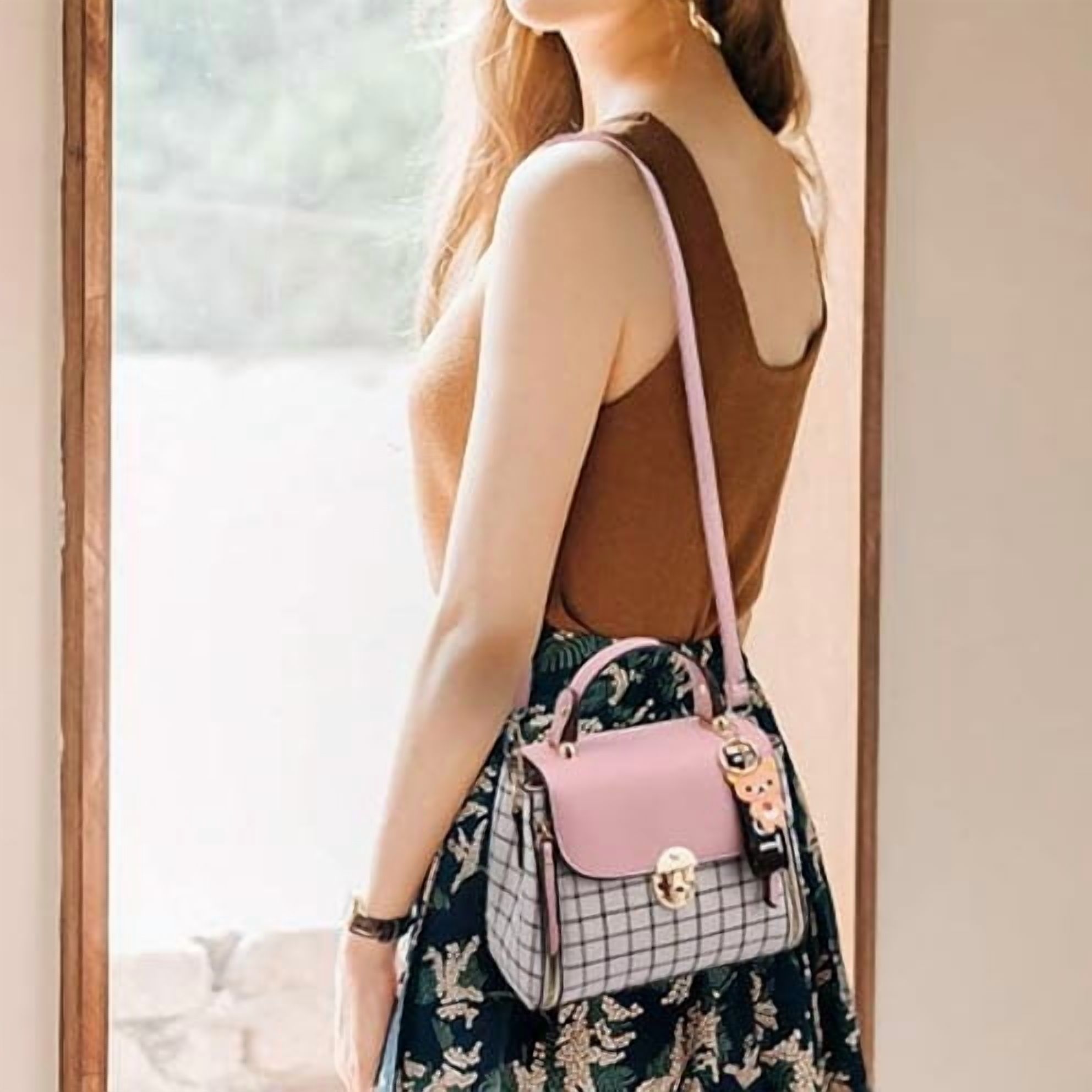 VONGEM Women's Pink Plaid Crossbody Bag with Bear Pendant photo 2