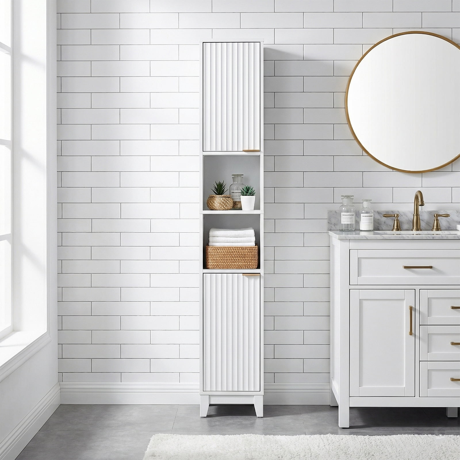 Bathroom Tall Floor Cabinet Narrow Storage Cabinet with 2 Doors & Adjustable Shelves White Melamine Bathroom Cabinet for Toilet Sink Laundry Narrow Spaces