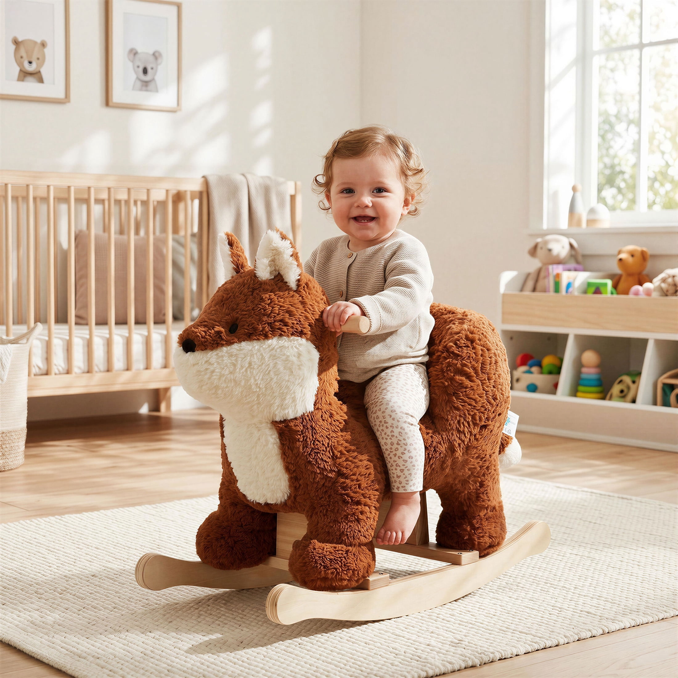 Jolie Vallee Baby Rocking Horse,Kids Ride on,Plush Animal Rocker,Wooden Base & Safety Belt for Ages 6+ Months,Fox,Brownish Red