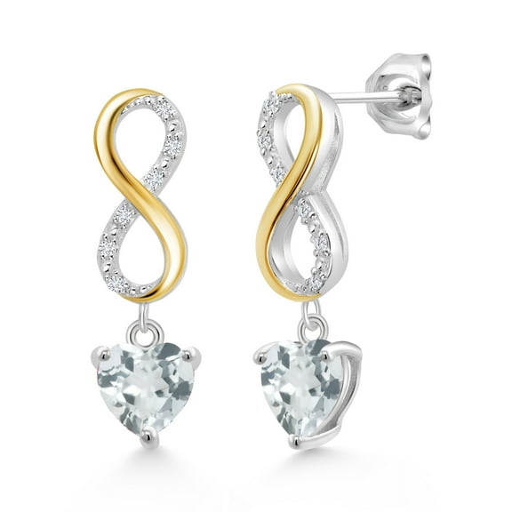 Gem Stone King Keren Hanan 1.52 Ct Heart Shape 6mm Sky Blue Aquamarine 925 Silver and 10K Yellow Gold Lab Grown Diamond Infinity Dangle Earrings
