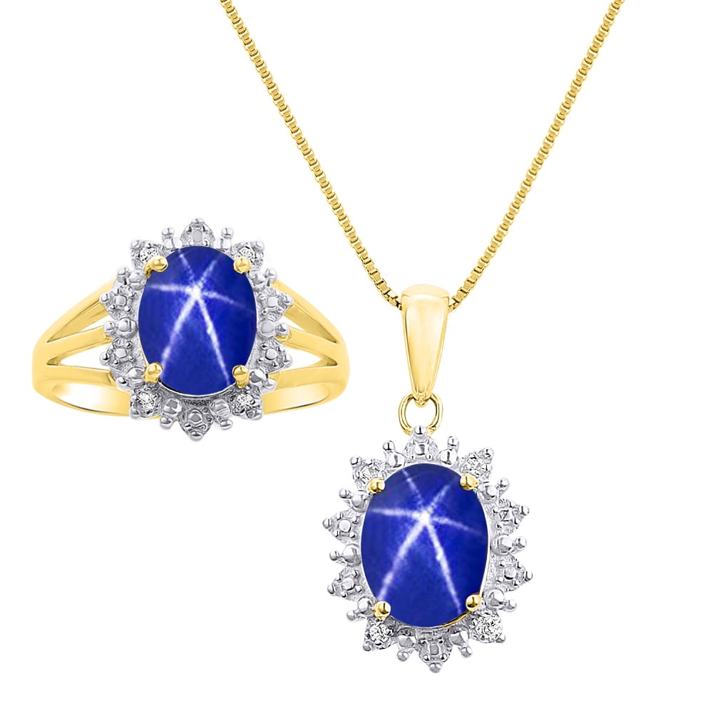 Earring & Pendant Necklace 14K Yellow Ring Details about   Diamond & Blue Star Sapphire Set