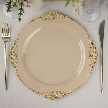 

Efavormart 10 Pack | Taupe/Gold Baroque 10 Round Plastic Dinner Plates Disposable Tableware with Leaf Embossed Gold Rim