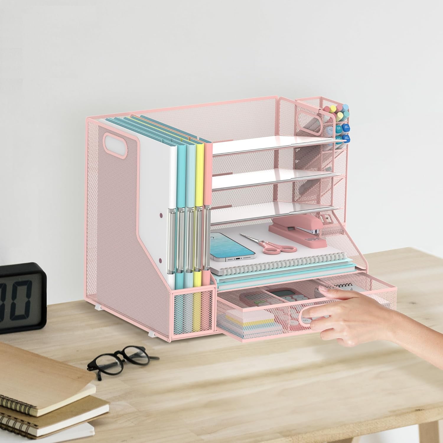 INTIGE 5-Tier Metal Desktop Organizer with Pen Holder, Drawer and File Rack, File Organizer, Pink