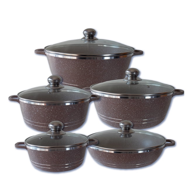 Batería De Cocina De Aluminio Recubrimiento De Granito 10 Pz Color Marron CHIC-FANTASY M16555-1