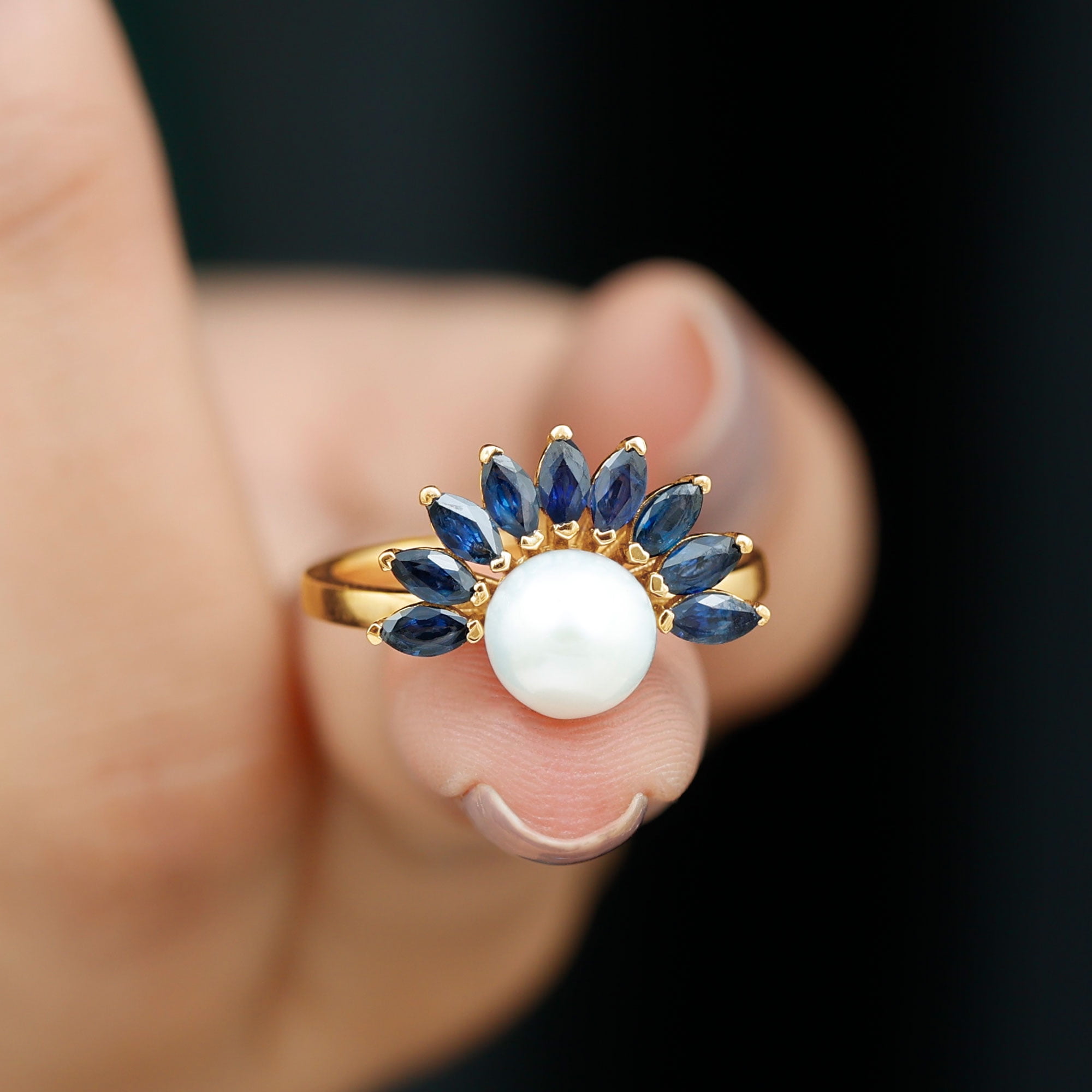Rosec Jewels Freshwater Pearl Floral Ring with Blue Sapphire for