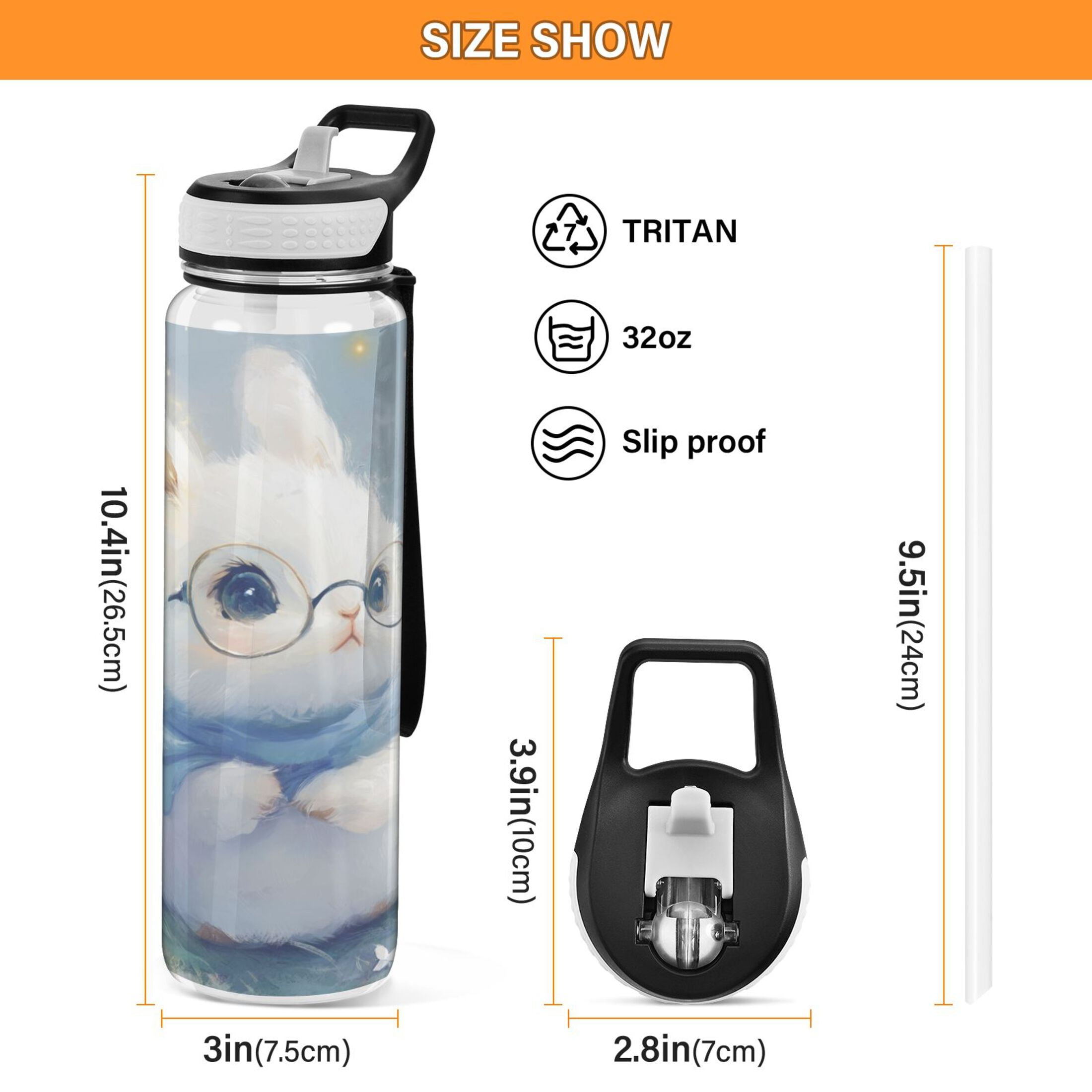 Sports Water Bottle 1000ML Tritan Food Grade Clear Water Bottle Fitness Outdoor Sports Bike Adorable Rabbit with Glasses