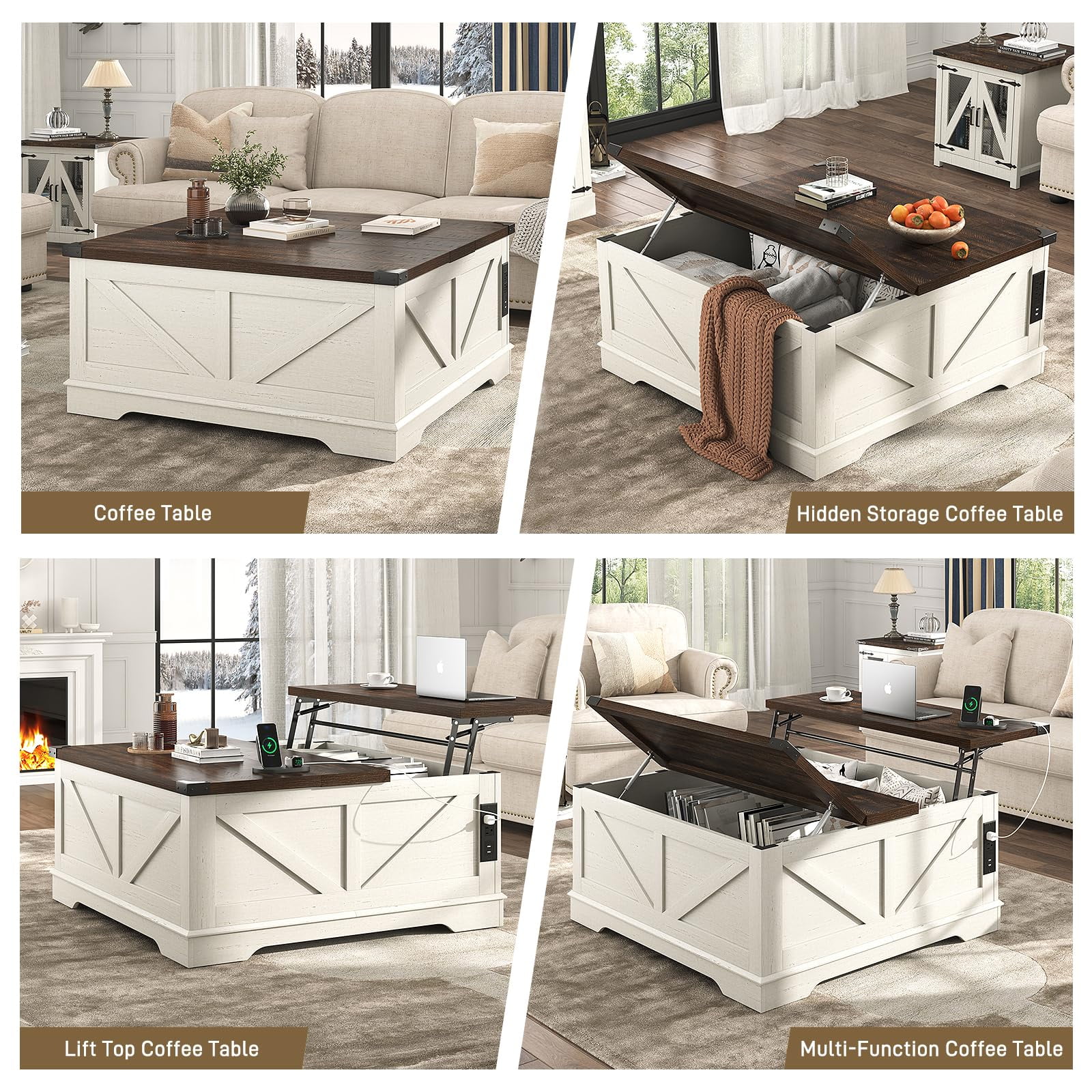 ChVans 40" Large Farmhouse Lift Top Coffee Table with Power Outlets, Square Wood Living Room Table with Large Hidden Storage, Multi-Function Lift Wooden Barn Door Center Table, Rustic White
